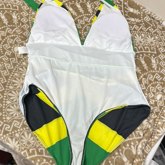 Emerald Green and Yellow Halter One Piece Swimsuit - Picture 7 of 9